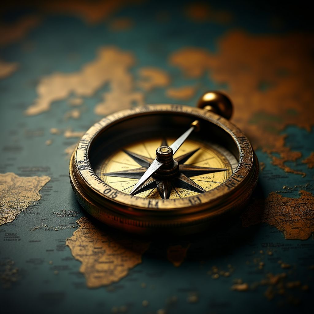 Una brújula de latón antiguo sobre un mapa financiero moderno