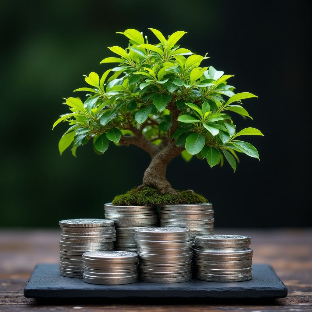 Un árbol bonsái creciendo de una pila de monedas de plata
